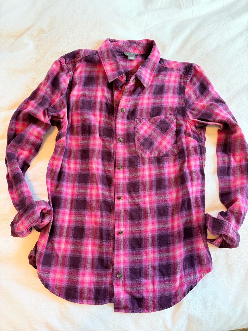 Eddie Bauer Women’s Pink and Purple Plaid Button-Down Shirt